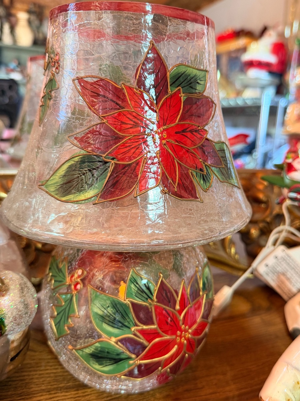 Celebrations Poinsettia Candle Lamp Mouthblown Handpainted Crackle Glass 10"